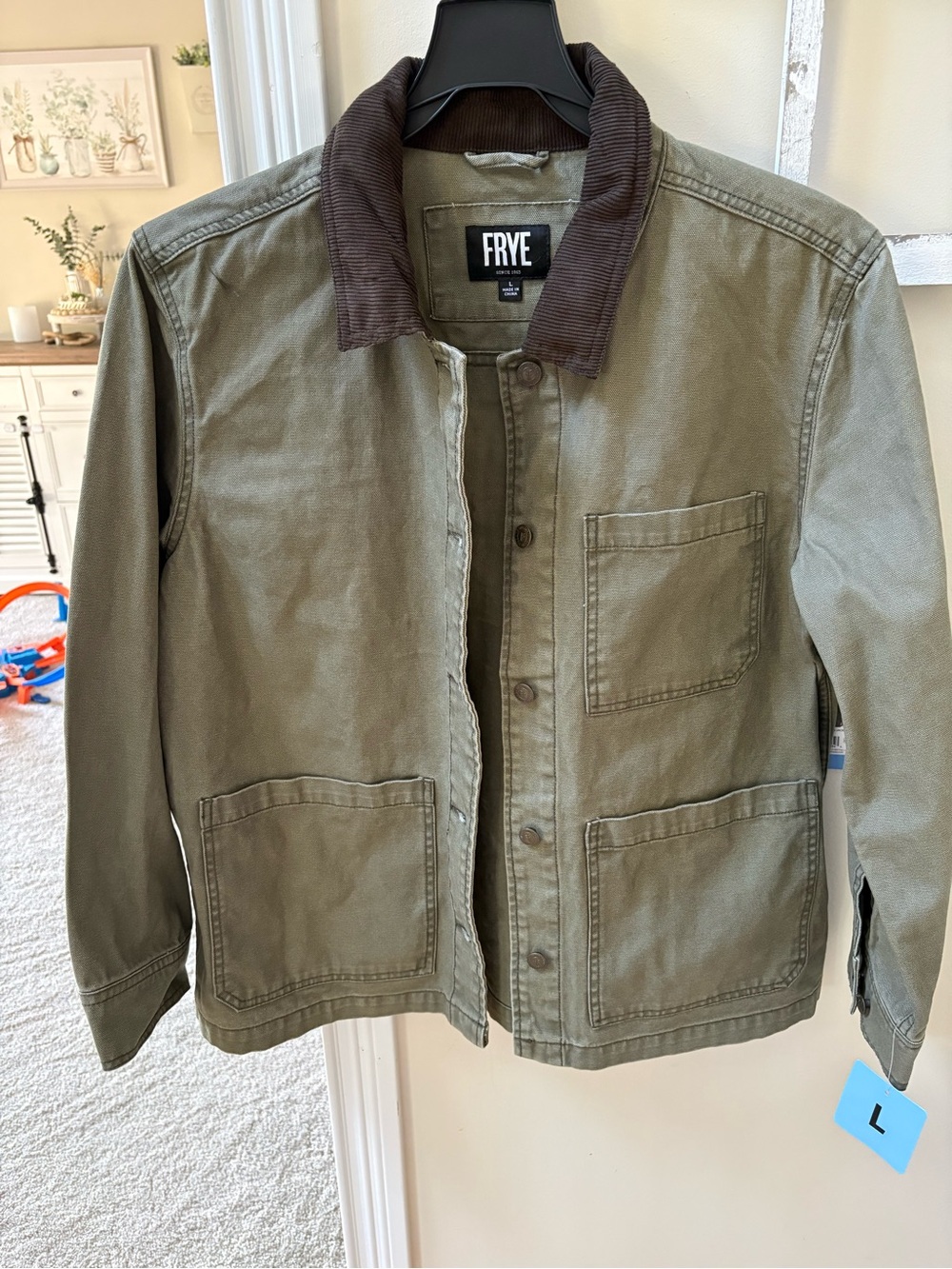 FRYE Olive Green Utility Jacket with Brown Corduroy Collar